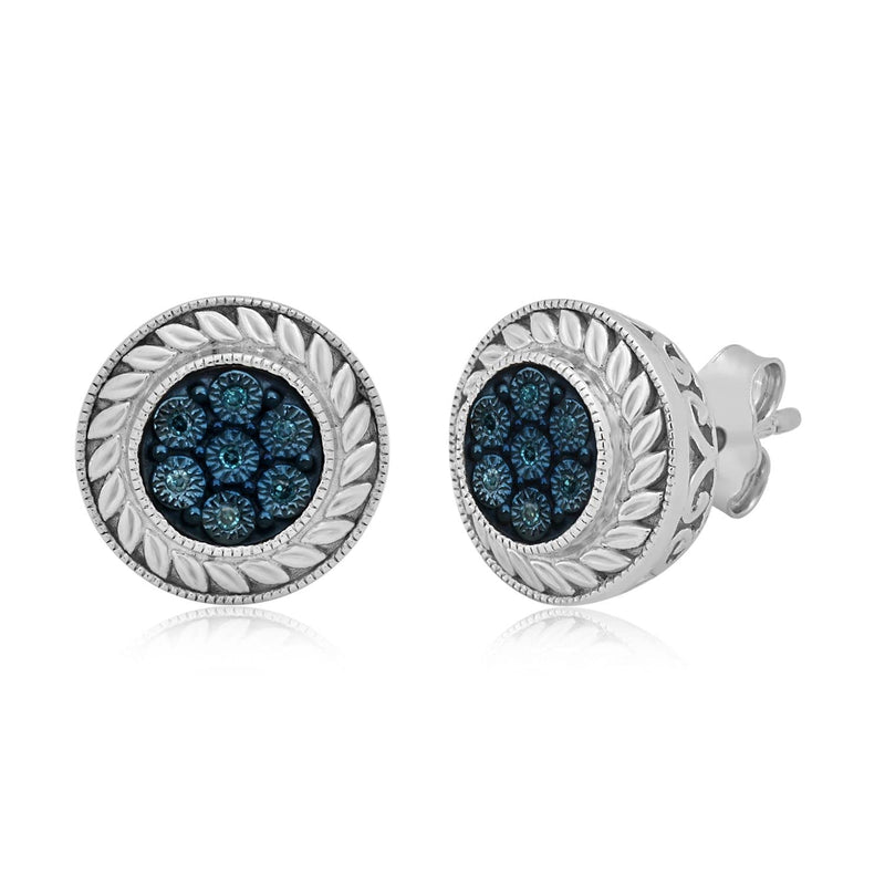 Jewelili Stud Earrings with Treated Blue Diamond Accent in Sterling Silver View 1