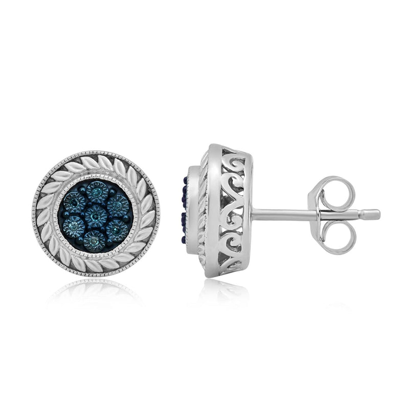 Jewelili Stud Earrings with Treated Blue Diamond Accent in Sterling Silver View 5