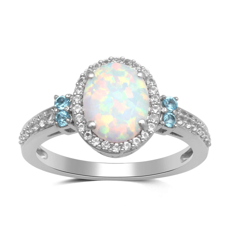 Jewelili Sterling Silver With Created Opal, Created White Sapphire and Swiss Blue Topaz Halo Ring