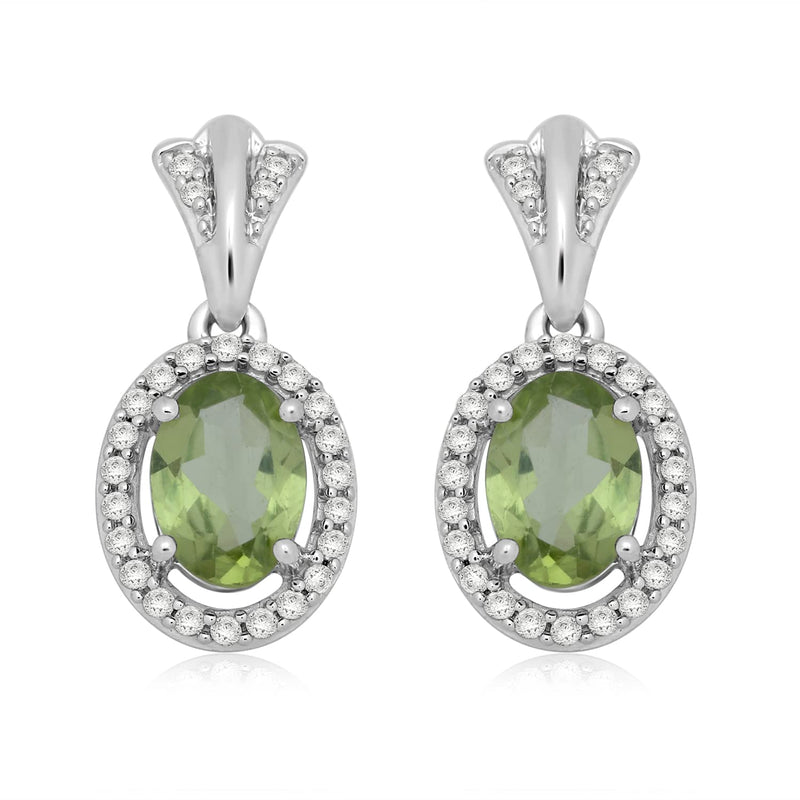 Jewelili Dangle Earrings with Peridot and Created White Sapphire in Sterling Silver View 1