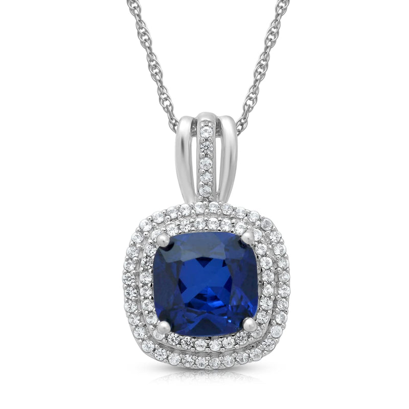 Jewelili Cushion Shape Pendant Necklace with Created Ceylon Sapphire and Created White Sapphire in Sterling Silver View 1