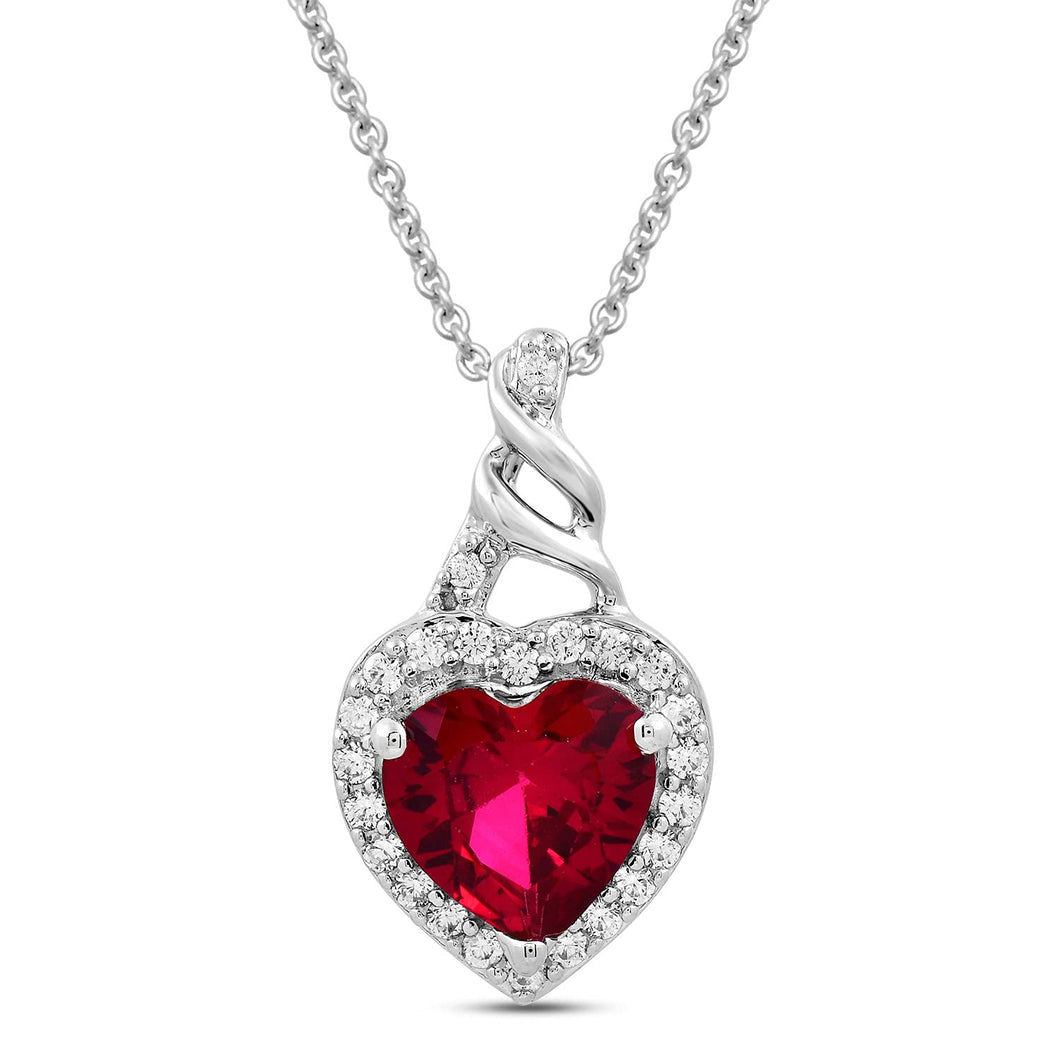Jewelili Heart Pendant Necklace with Created Ruby and Created White Sapphire in Sterling Silver 