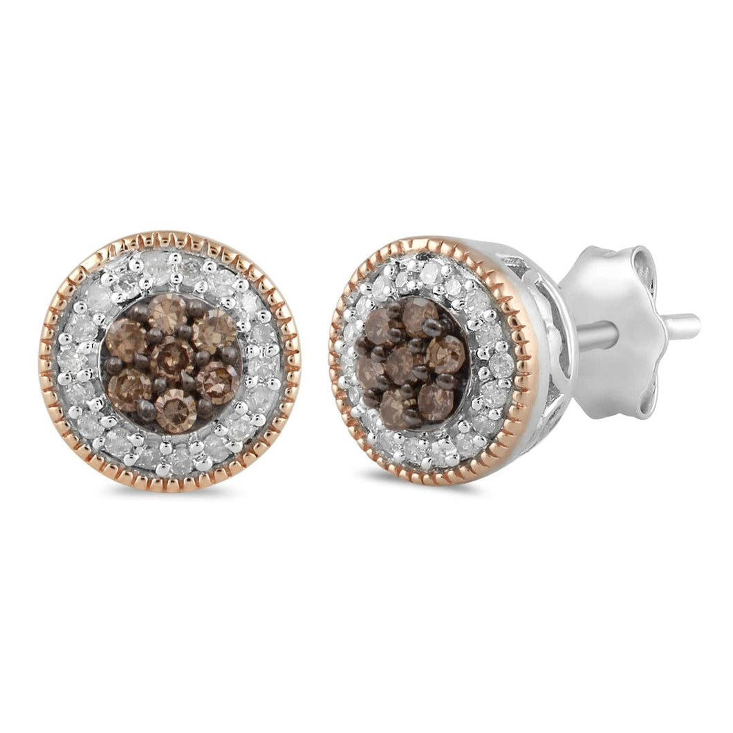 Jewelili Cluster Stud Earrings with Champagne and White Diamonds in 14K Rose Gold over Sterling Silver 1/4 CTTW View 1