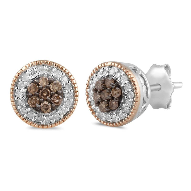 Jewelili Cluster Stud Earrings with Champagne & White Diamonds in 14K Rose Gold over Sterling Silver 1/4 CTTW View 1