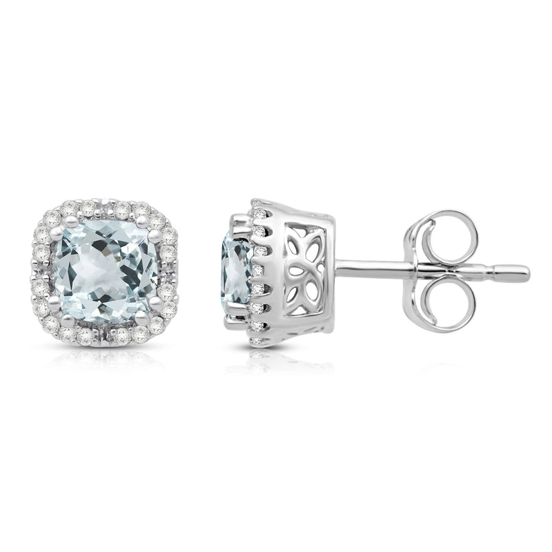 Jewelili Stud Earrings with Aquamarine and Natural White Round Diamonds in 10K White Gold 1/10 CTTW View 3