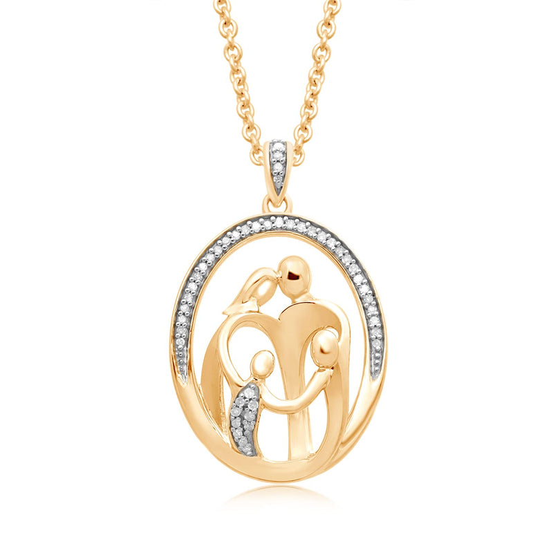 Jewelili 18K Yellow Gold Over Sterling Silver With 1/10 CTTW Diamonds Parent and Two Children Family Heart Pendant Necklace