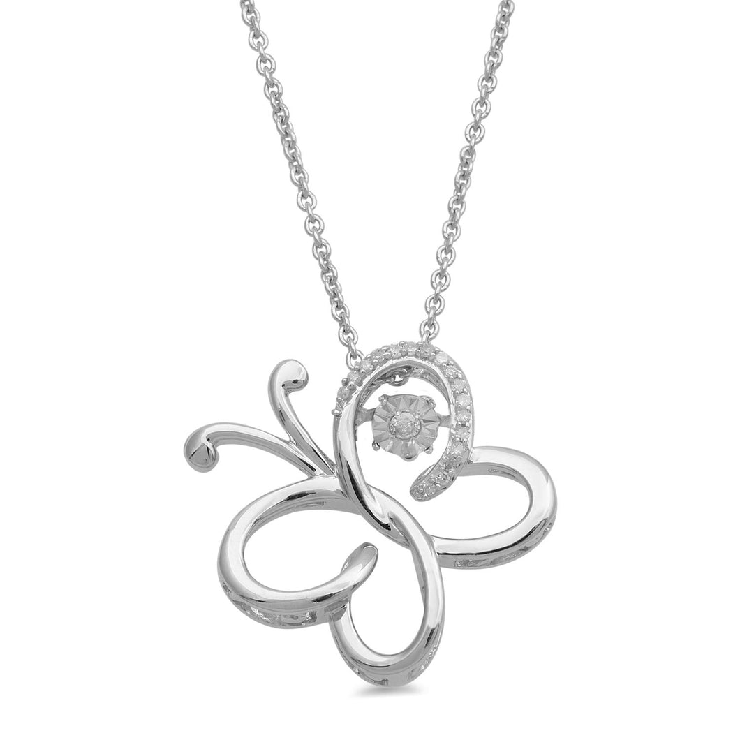 Jewelili Sterling Silver With Round White Diamonds Dancing Butterfly Pendant Necklace