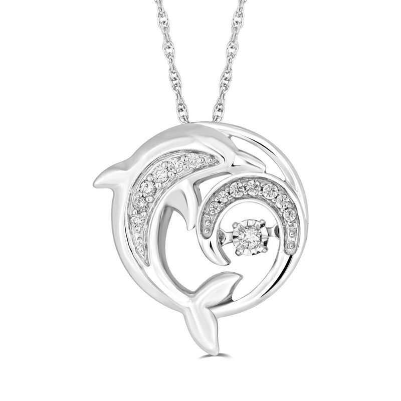 Jewelili Sterling Silver With 1/10 CTTW Diamonds with Dolphin Pendant Necklace