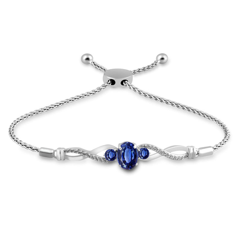 Jewelili Bolo Bracelet Oval Shape & Round Shape Created Blue Sapphire with Created White Sapphire in Sterling Silver