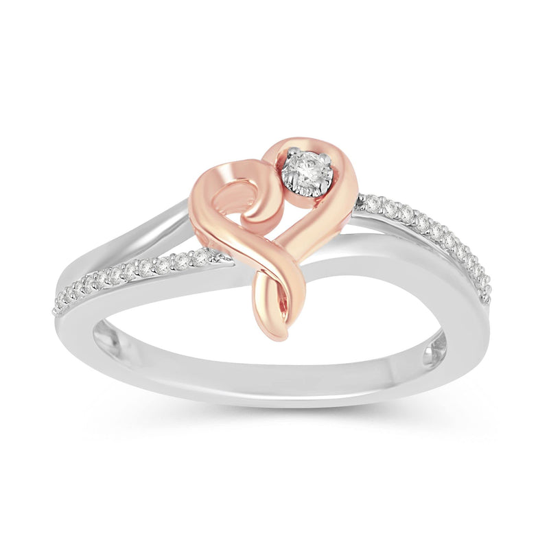 Jewelili Heart Ring with Natural White Diamonds in Rose Gold over Sterling Silver 1/10 CTTW View 1
