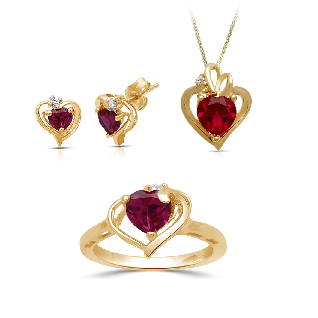 Jewelili Cubic Zirconia Heart Ring, Stud Earrings and Pendant Necklace Jewelry Set with Created Ruby in 18K Yellow Gold over Sterling Silver View 1