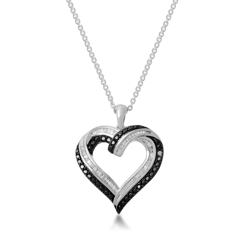 Jewelili Brass with 1/2 CTTW Natural White Baguette and Treated Black Round Diamonds Heart Pendant Necklace