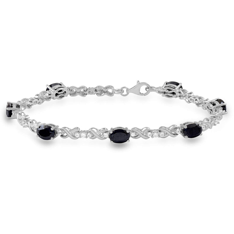 Jewelili Bracelet with Black Onyx and Created White Sapphire in Sterling Silver 7.25