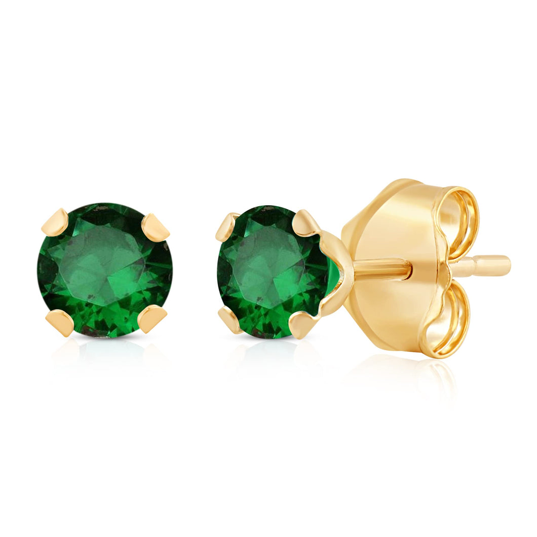 Jewelili Stud Earrings with Round Cut Created Emerald in 10K Yellow Gold