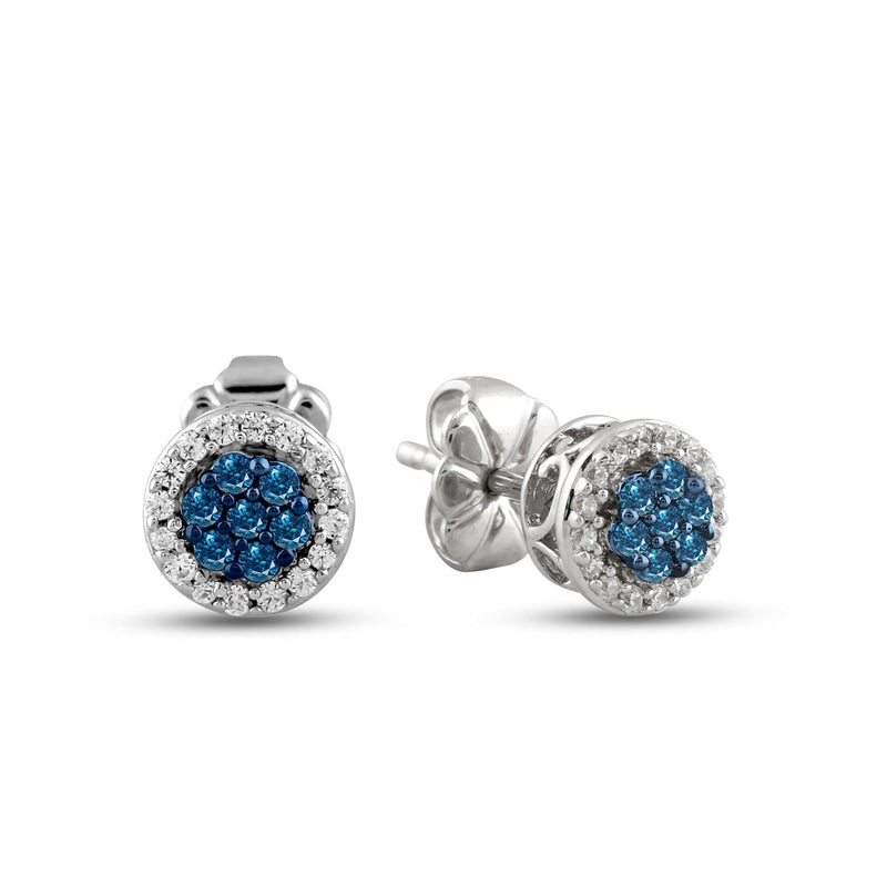 Jewelili Cluster Stud Earrings with Treated Blue Diamonds and White Diamonds in 10K White Gold 1/4 CTTW View 1