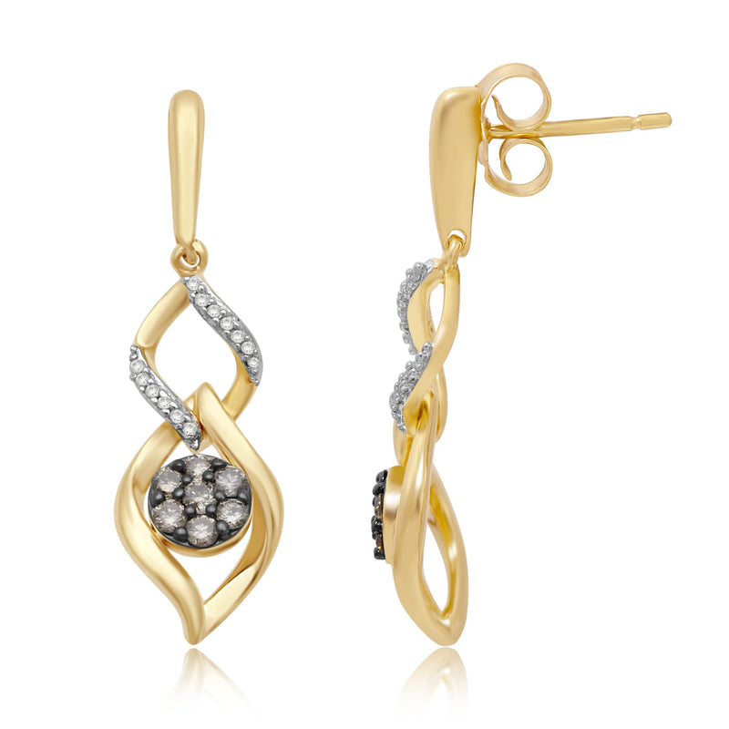 Jewelili Dangle Earrings with Champagne Diamonds and White Diamonds in 14K Yellow Gold over Sterling Silver 1/4 CTTW View 3