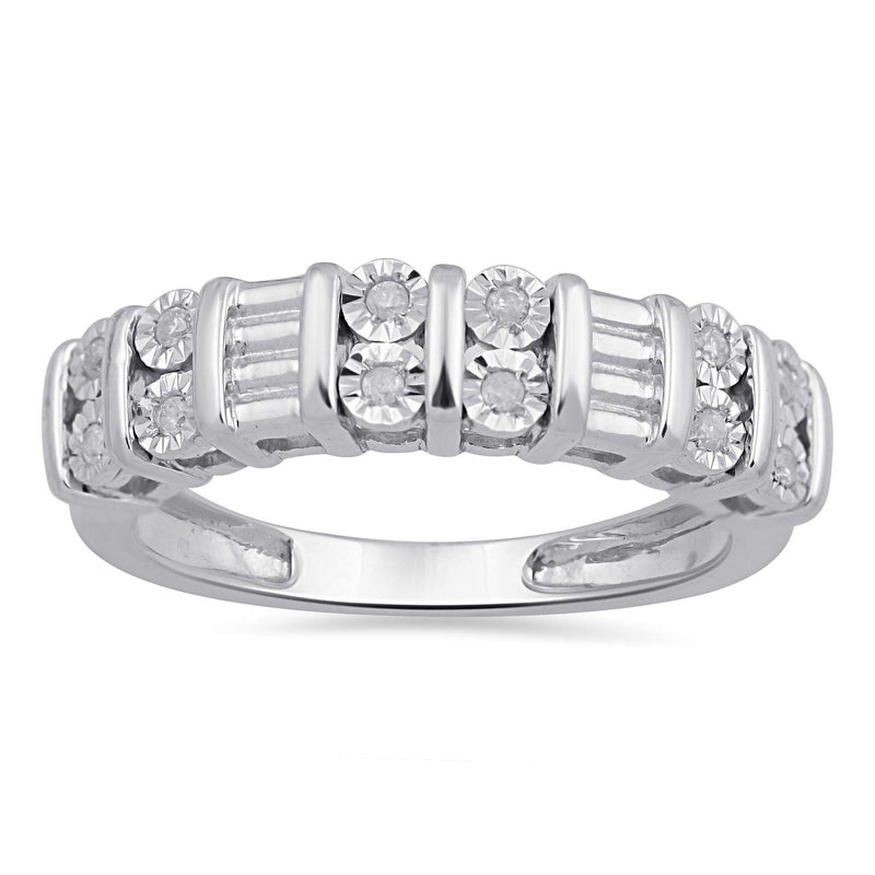 Jewelili Anniversary Band with Natural White Diamond in Sterling Silver 1/10 CTTW