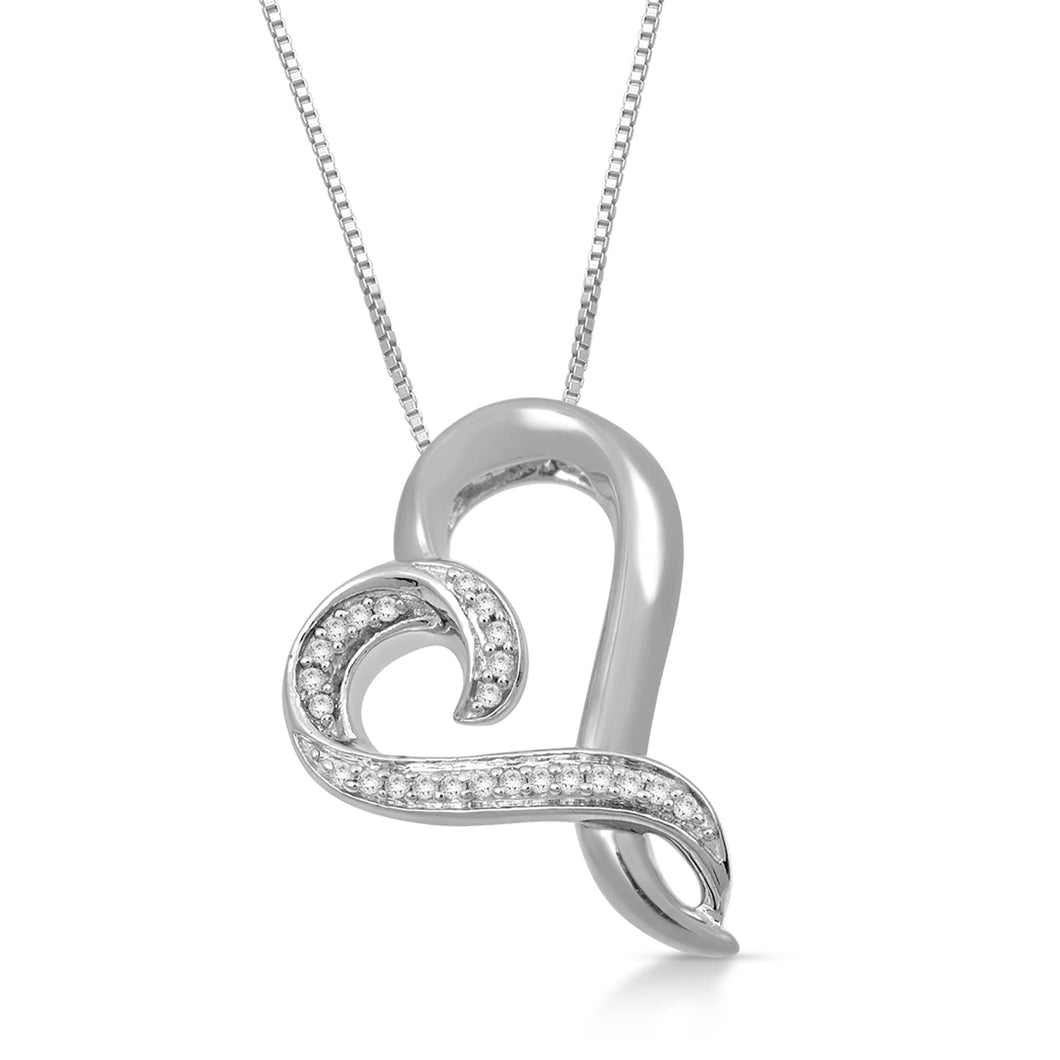 Jewelili Sterling Silver With 1/10 CTTW Natural White Diamond Tilted Heart Pendant Necklace