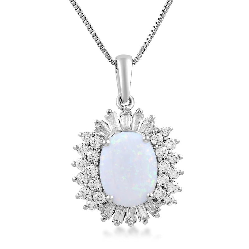 Jewelili Pendant Necklace with Created Opal and Created White Sapphire in Sterling Silver 