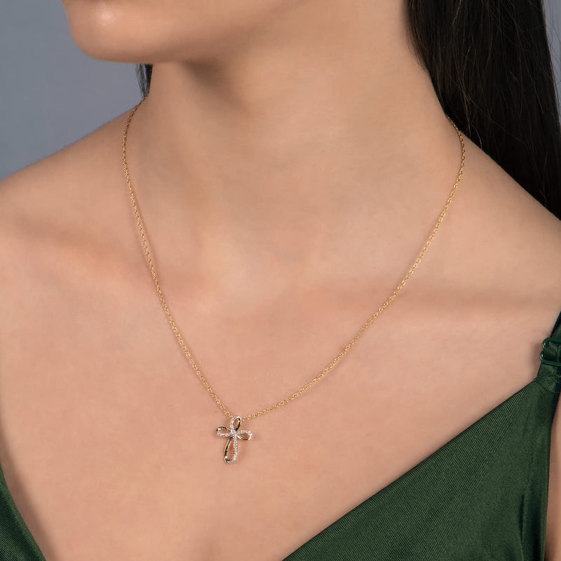 Jewelili 10K Yellow Gold With 1/10 CTTW Natural White Round Diamonds Cross Pendant Necklace