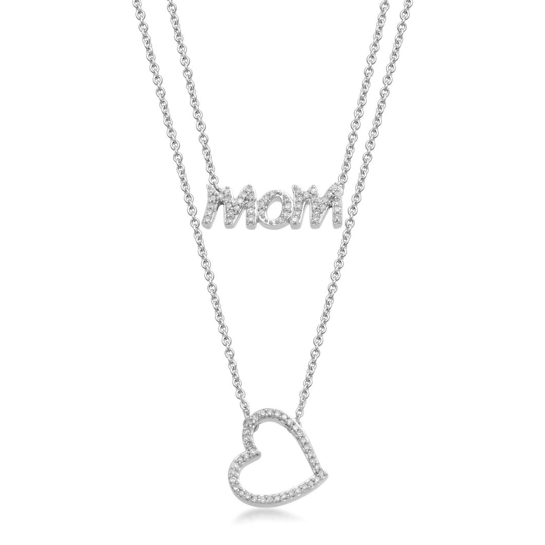 Jewelili Sterling Silver With 1/5 CTTW Natural White Diamonds MOM Heart Pendant Necklace