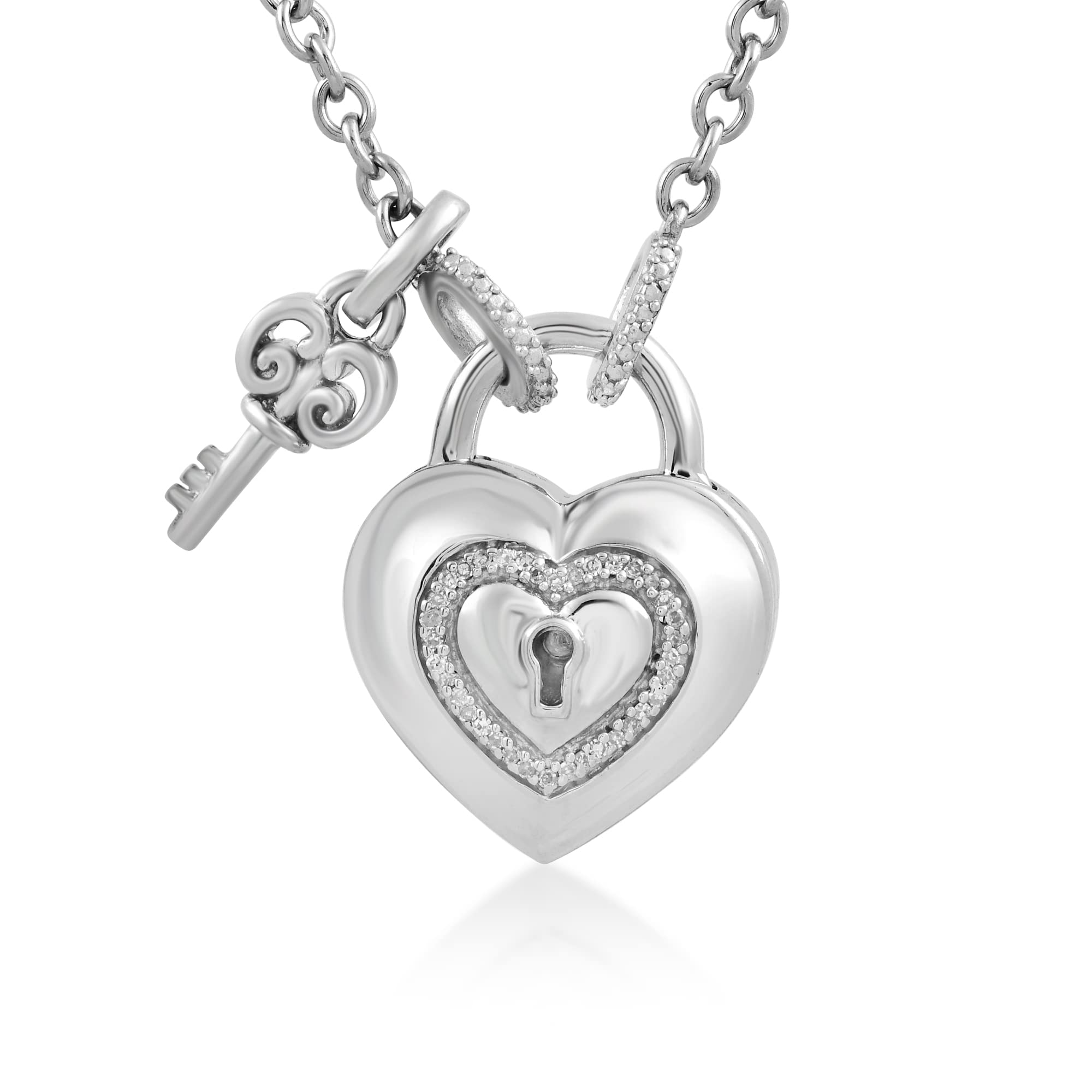 Blue & White Lab-Created Sapphire Heart Lock & Key Necklace Sterling Silver  18