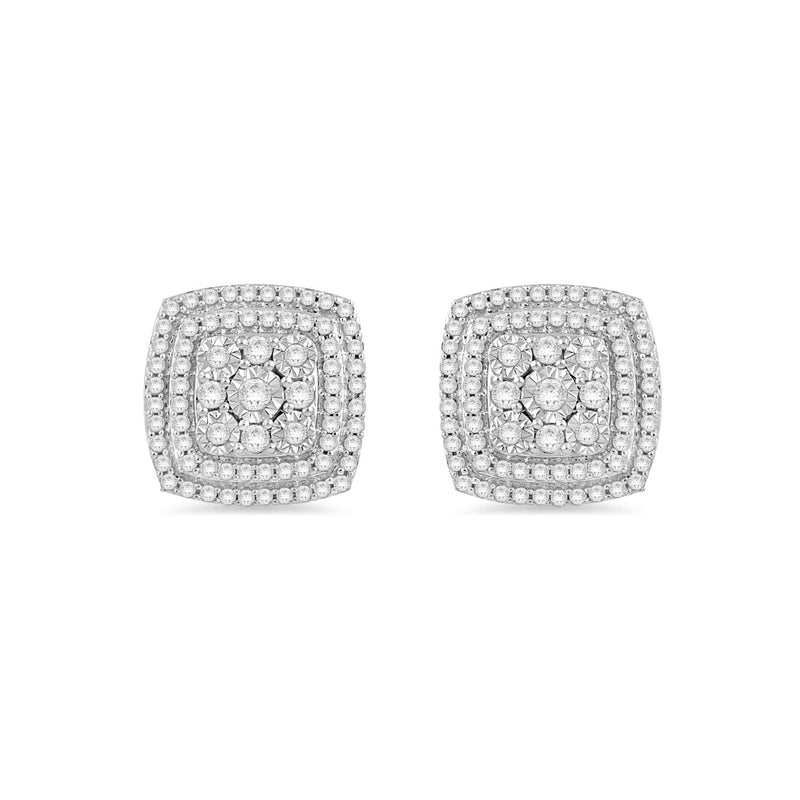 Jewelili Square Shape Stud Earrings with Natural White Diamond in Sterling Silver 1/2 CTTW View 3