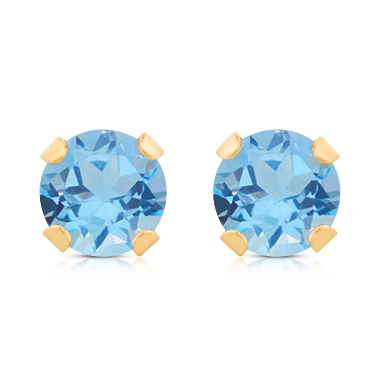 Jewelili Stud Earrings with Round Shape Swiss Blue Topaz in 10K Yellow Gold view 1