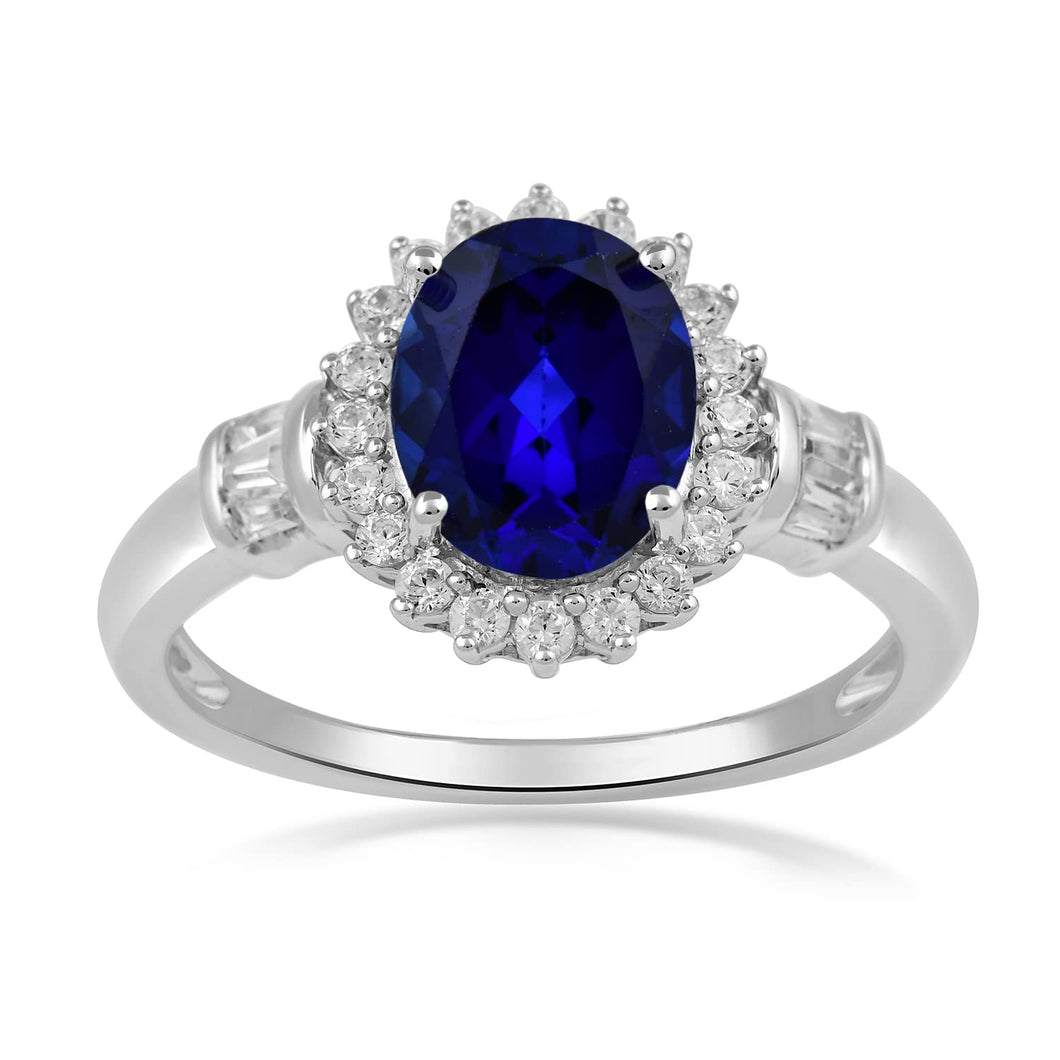 Jewelili Sterling Silver with Created Blue Sapphire and Created White Sapphire Halo Engagement Ring