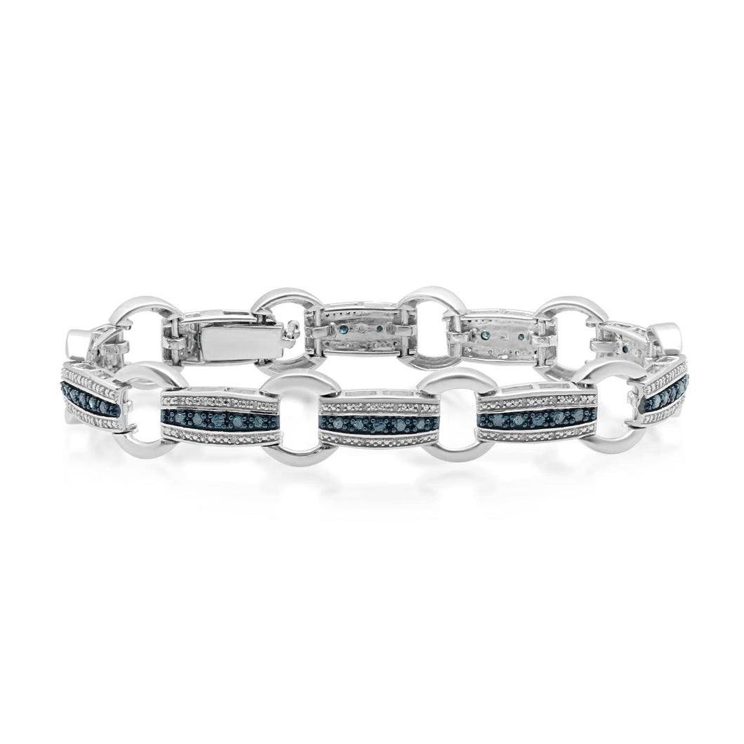 Jewelili Link Bracelet with Treated Blue Diamonds and Natural White Diamonds in Palladium Flash over Brass 1.00 CTTW