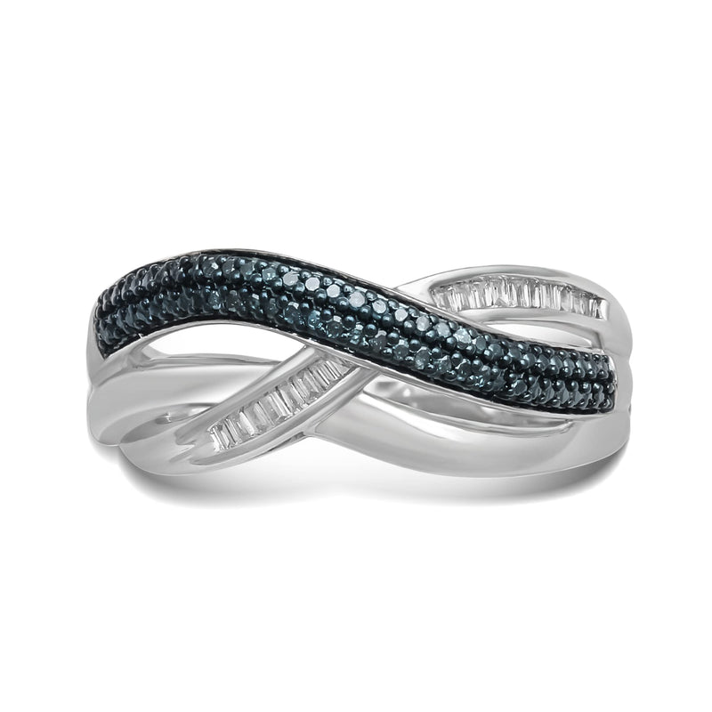 Jewelili Sterling Silver With 1/6 CTTW Treated Blue Diamonds and Natural White Diamonds Criss Cross Ring
