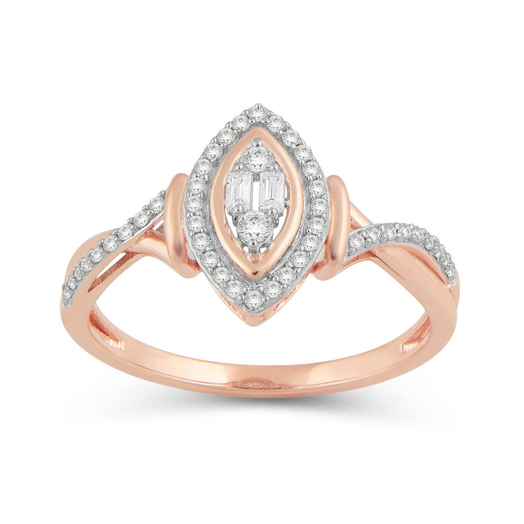 Jewelili 10K Rose Gold with 1/4 CTTW Baguette and Round Natural White Diamonds Ring