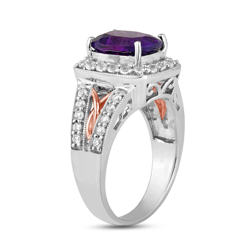 Jewelili 14K Rose Gold Over Sterling Silver with Amethyst and Created White Sapphire Halo Ring