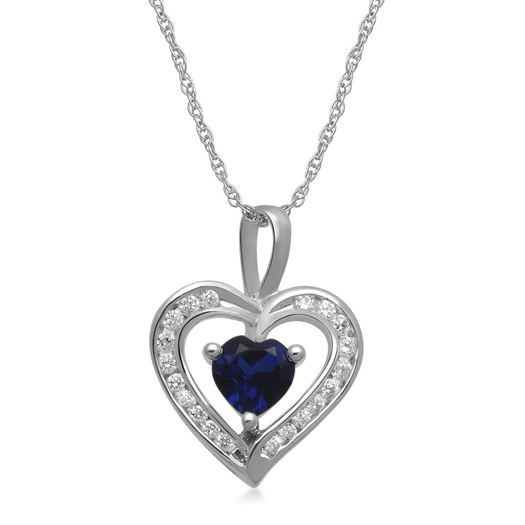 Jewelili Sterling Silver With Created Blue Sapphire and Cubic Zirconia Heart Pendant Necklace