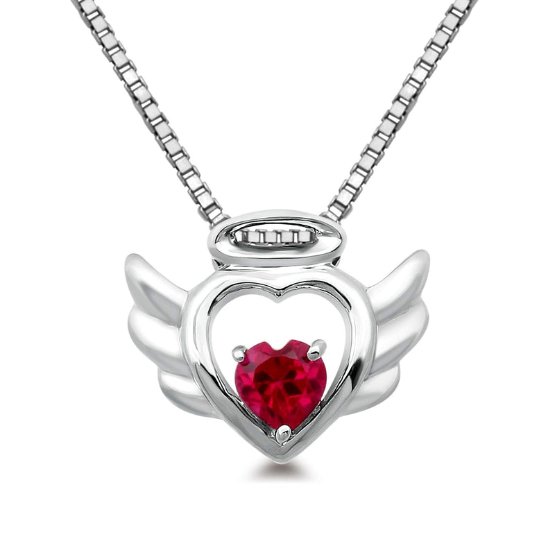 Jewelili Angel Heart Wings Pendant Necklace with Created Ruby in Sterling Silver View 1