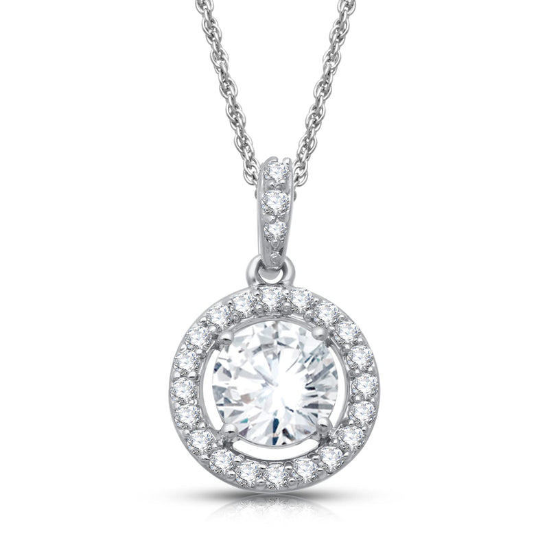 Jewelili Round Halo Pendant Necklace with Created White Sapphire in Sterling Silver View 1