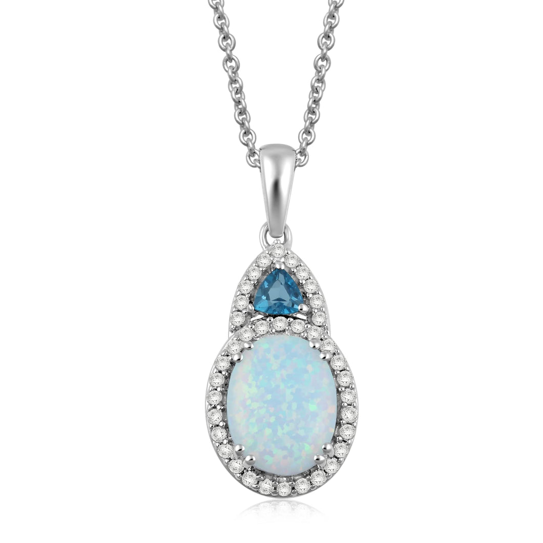 Jewelili Pendant Necklace with Created Opal, London Blue Topaz and Created White Sapphire in Sterling Silver View 1