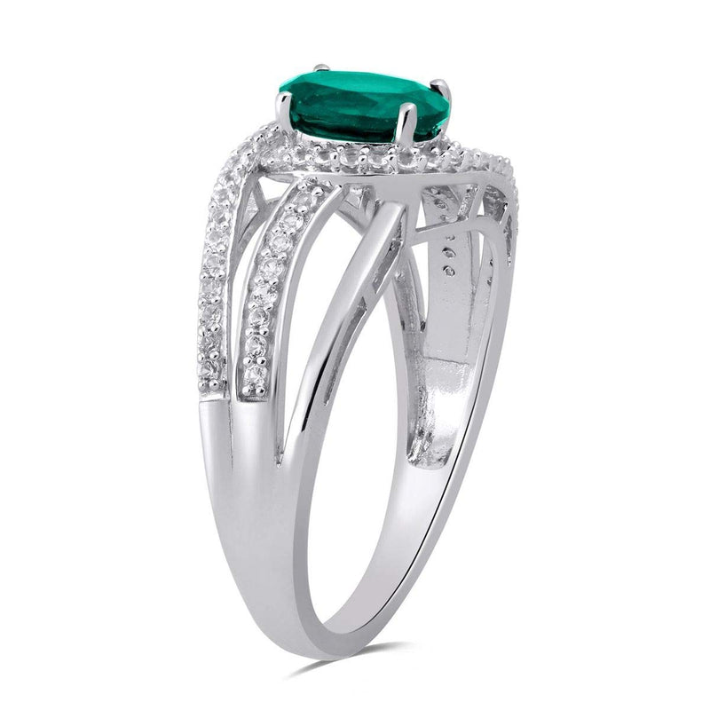 Jewelili Sterling Silver With Oval Created Emerald and Round Created White Sapphire Ring