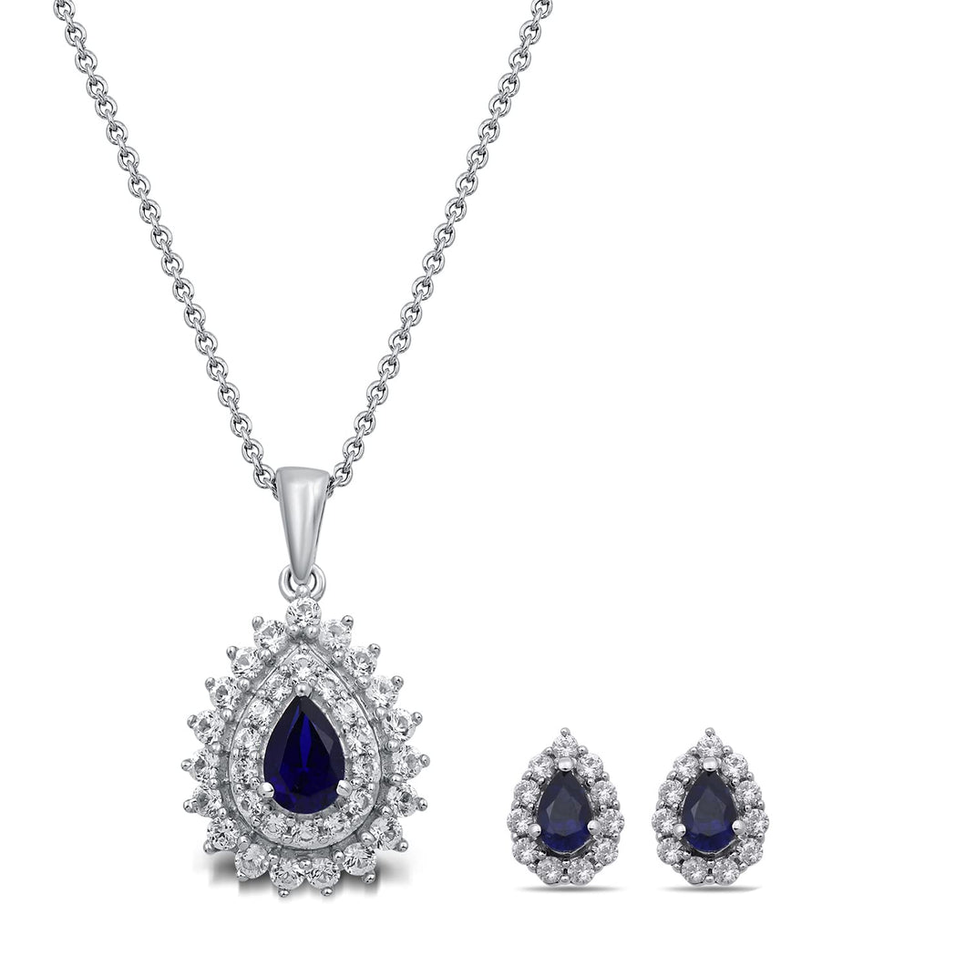 Jewelili Drop Pendant Necklace and Stud Earrings Jewelry Set with Created Blue Sapphire and Created White Sapphire in Sterling Silver View 1
