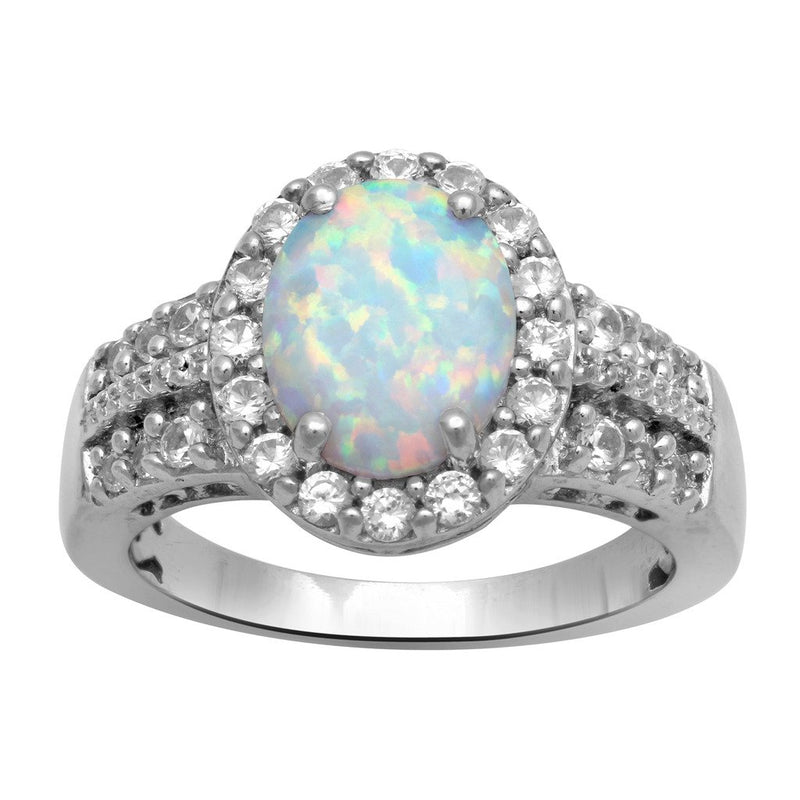 Jewelili Halo Ring with Oval Shape Created Opal and Round Created White Sapphire and Natural White Round Diamonds in Sterling Silver View 1