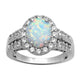 Load image into Gallery viewer, Jewelili Halo Ring with Oval Shape Created Opal and Round Created White Sapphire and Natural White Round Diamonds in Sterling Silver View 1
