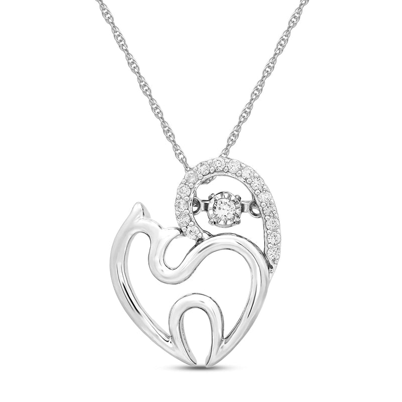 Jewelili Dancing Cat Pendant Necklace with Natural White Round Cut Diamonds in Sterling Silver 1/10 CTTW View 1