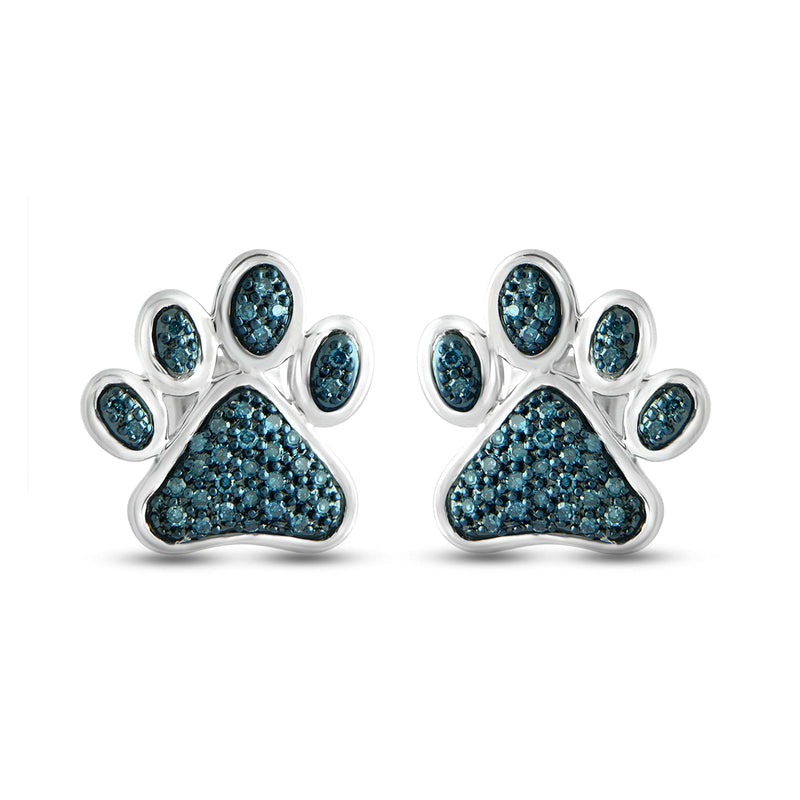 Jewelili Sterling Silver With 1/6 CTTW Treated Blue Diamond Dog Paw Stud Earrings