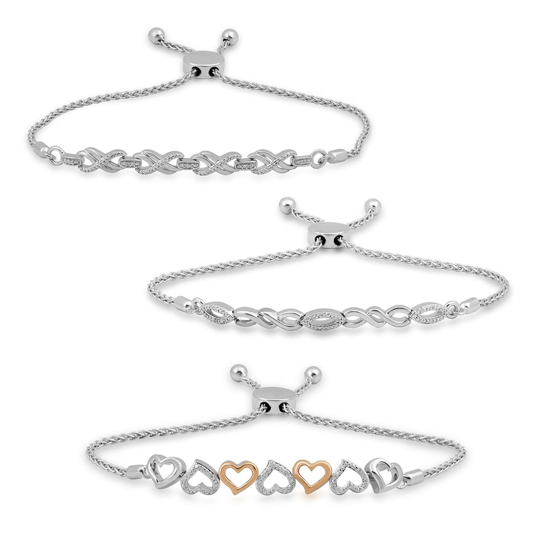 Jewelili Bracelet Sets with Natural White Diamond in Sterling Silver 10K Rose Gold 1/10 CTTW