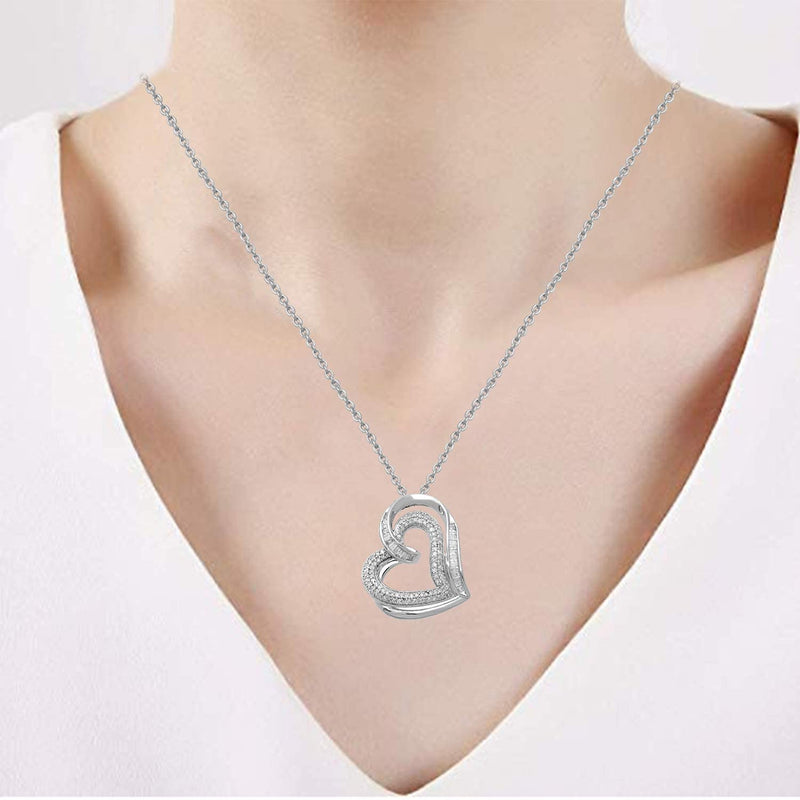 Jewelili Sterling Silver With  1/2 CTTW White Round and Baguette Diamonds Heart Pendant Necklace