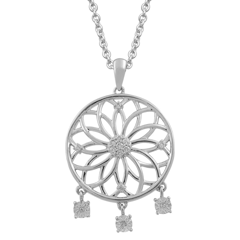 Jewelili Sterling Silver With 1/10 CTTW Natural White Diamond Circle Pendant Necklace