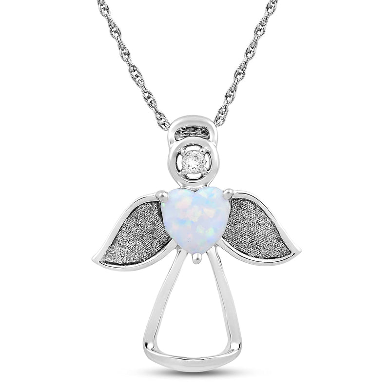 Jewelili Zirconia Angel Pendant Necklace with Created Opal in Sterling Silver 