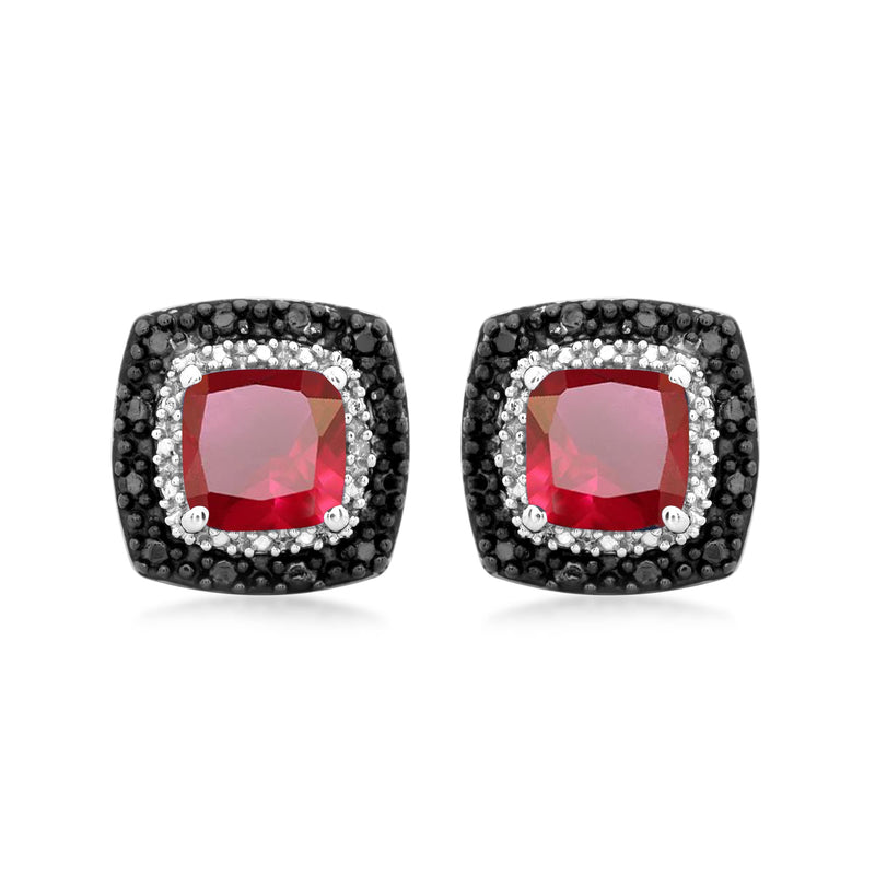 Jewelili Stud Earrings with Created Ruby, Treated Black Diamonds and White Diamonds in Sterling Silver View 3
