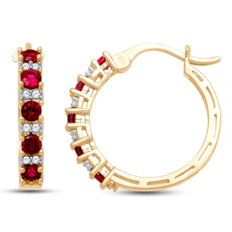 Jewelili Hoop Earrings with Created Ruby and Created White Sapphire in 18K Yellow Gold Over Sterling Silver view 2