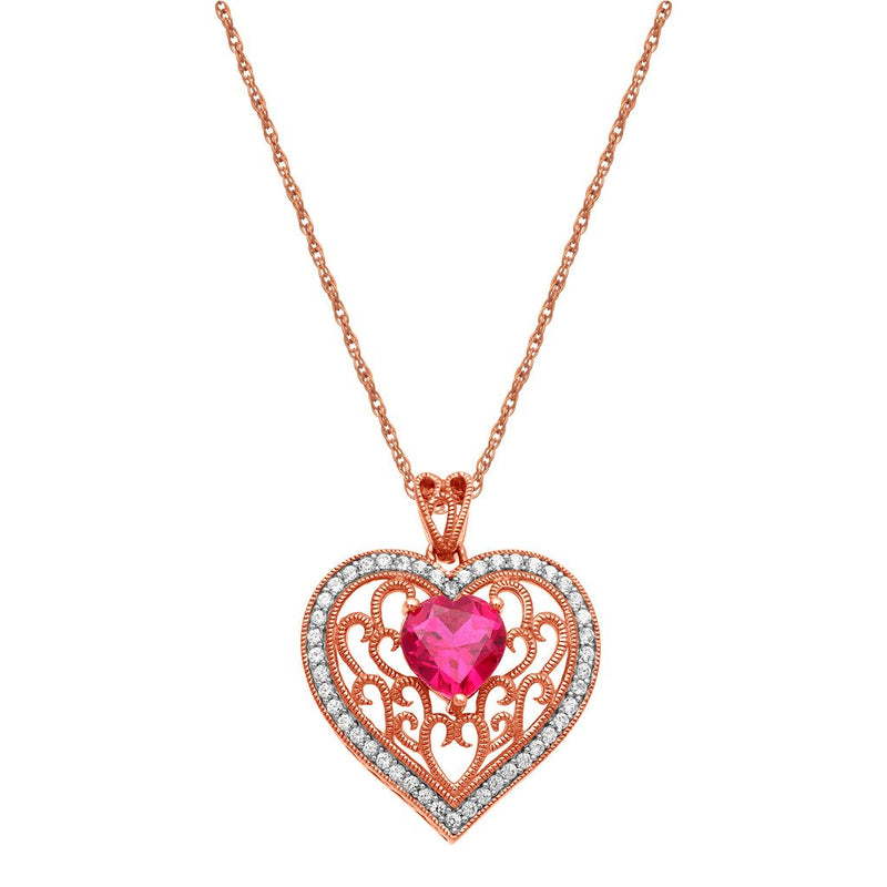Jewelili Filigree Heart Pendant Necklace with Created Ruby with Created White Sapphire in 14K Rose Gold over Sterling Silver